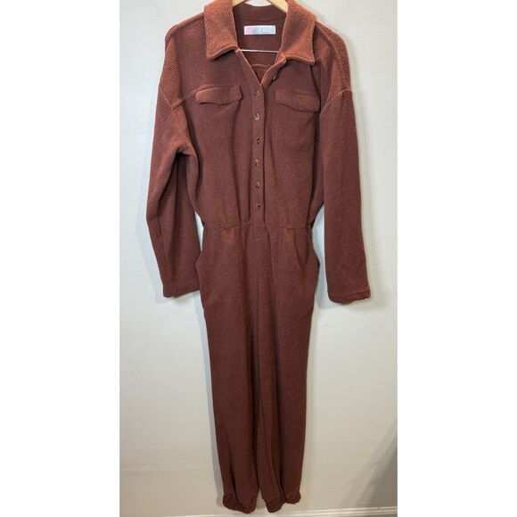 Free People Women's Size Medium Brown Knitted One Piece Jumpsuit Button Front - Picture 1 of 4